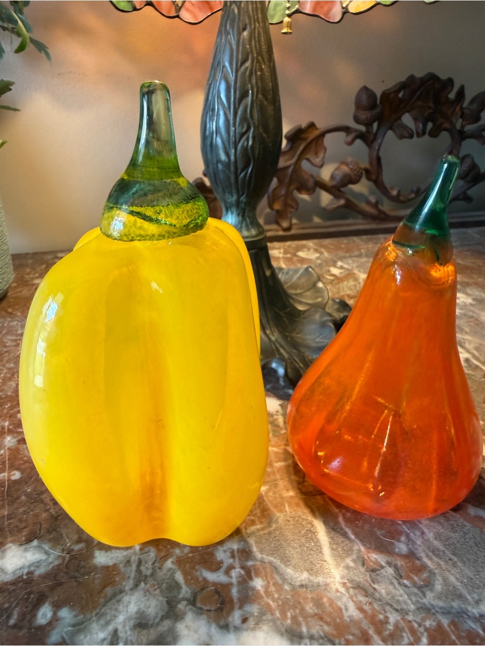 Vintage Yellow and Orange Hand Blown Glass Decorative Pepper and Pear - Set of 2